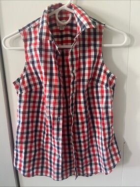 J. Crew Red White and Navy Plaid Sleeveless Button-Front Blouse